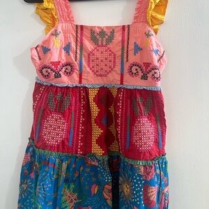 Farm Rio cross-stitch embroidered tiered cotton minidress Sz Large